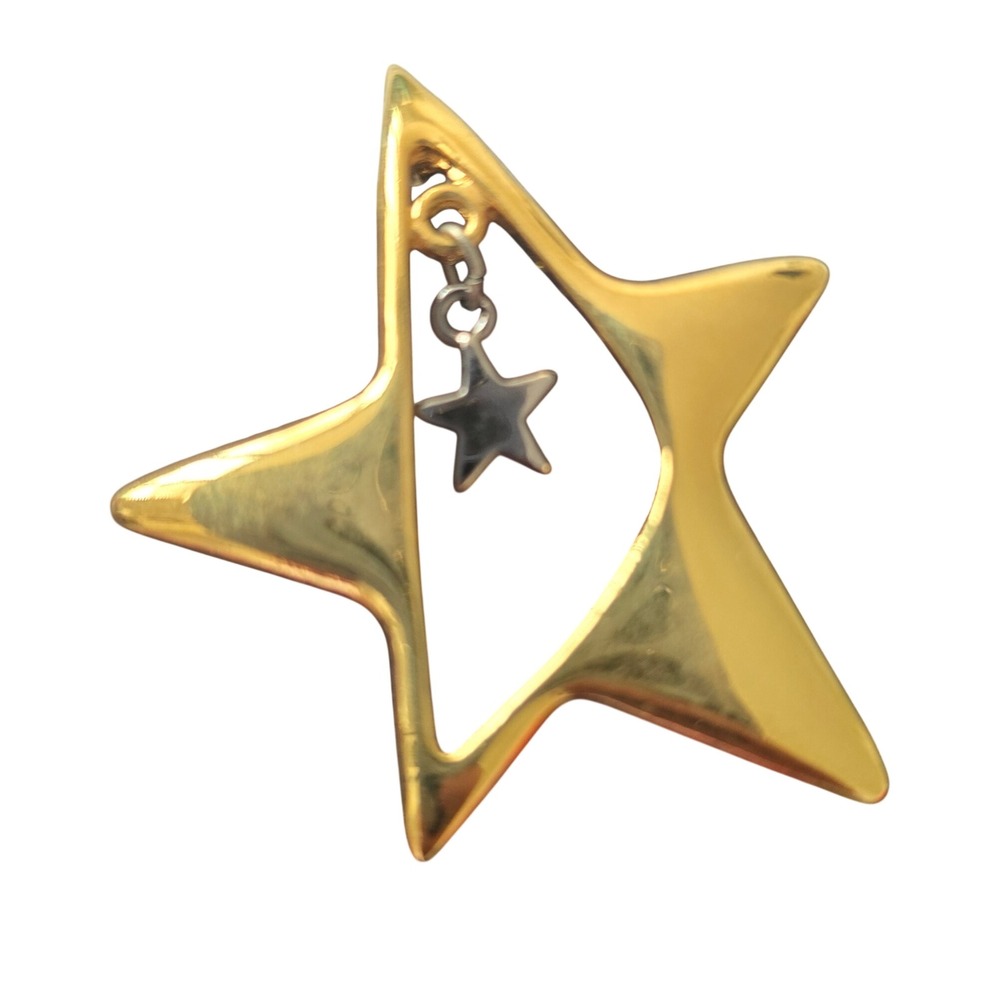 Vintage Gold Tone Open Star Brooch with Silver Dangle Star Charm Celestial Pin